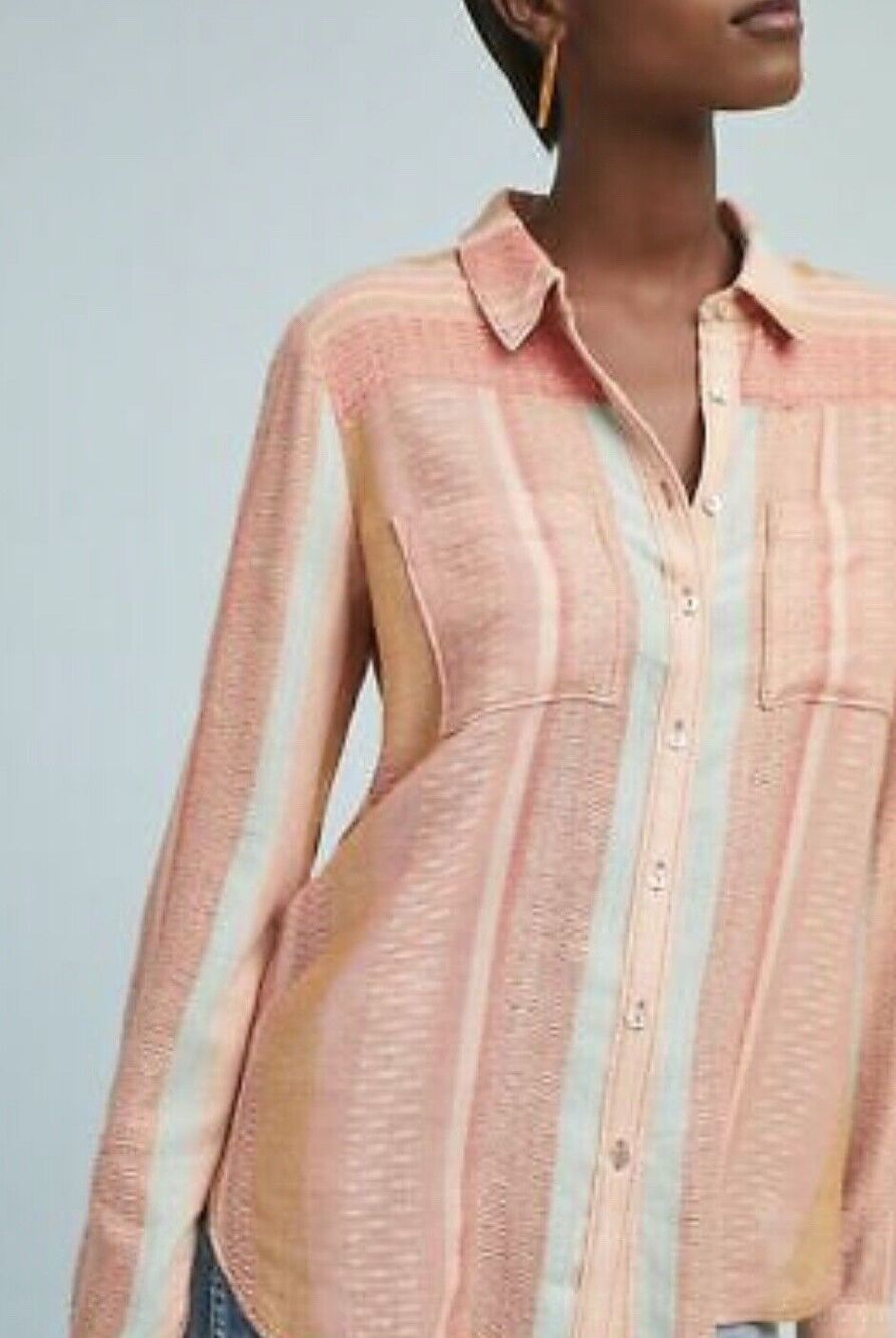 Maeve Anthropologie Calipatria Pink Peach Striped Blouse Button Front Woven Sz 6